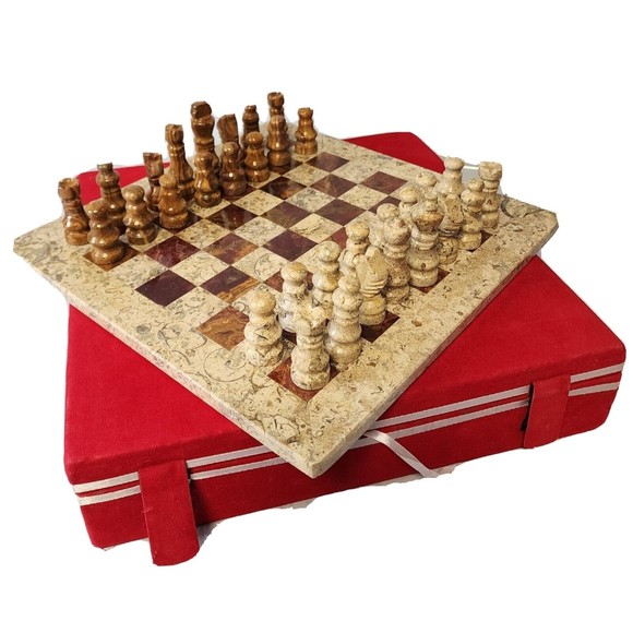 12x12 in Marble Chess Set with velvet gift storage box Coral/Brown Handmade - Picture 1 of 16